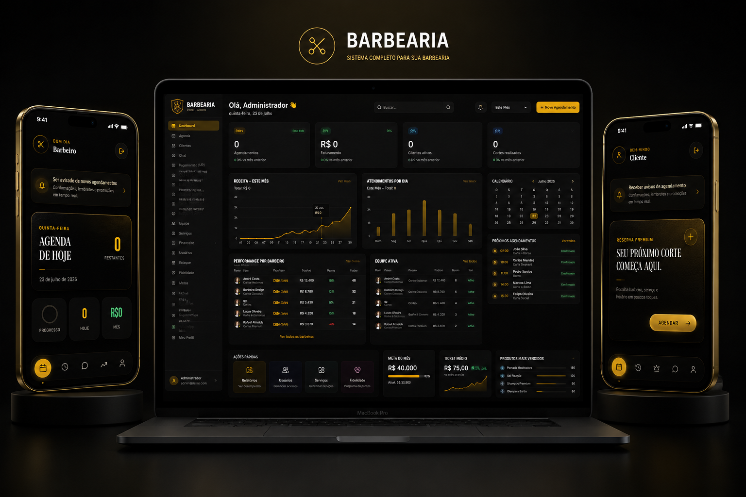Barbearia Digital rodando em iPhone e MacBook